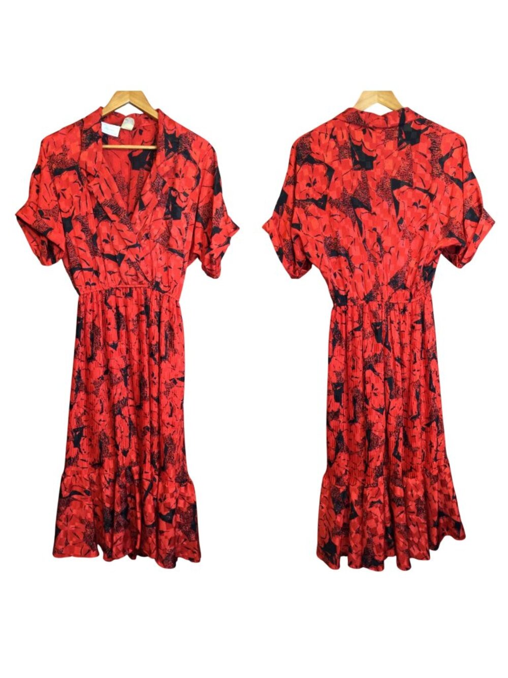 VTG 80s Red Black Pleated Midi Dress Abstract Floral Whimsigoth Office Siren L